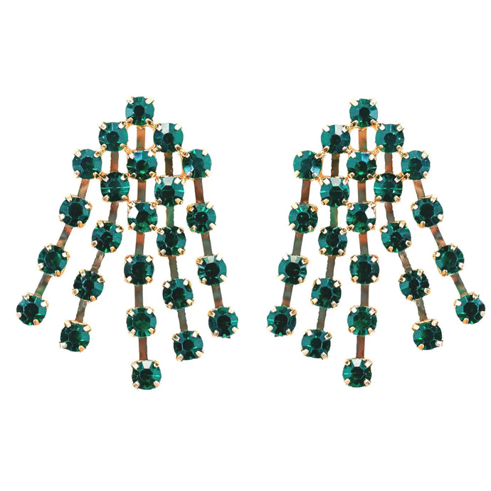 Green Rhinestone Tassel Holiday Statement Earrings