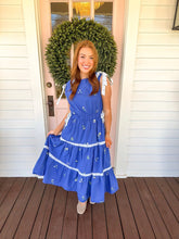 Load image into Gallery viewer, Blue Floral Contrast Tie Embroidered Dress
