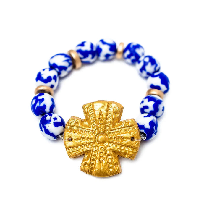 Cobalt African Fused Glass with Rachel Cross Bracelet
