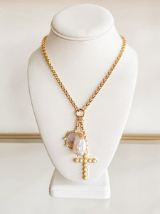 Mop Medallion Cross Pearl and Chandelier Necklace