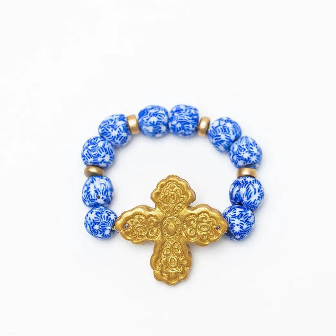 Blue & White African Glass with Susie Cross Bracelet