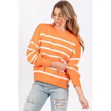 Load image into Gallery viewer, Orange w/ white stripe Round Neck Sweater
