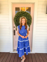 Load image into Gallery viewer, Blue Floral Contrast Tie Embroidered Dress

