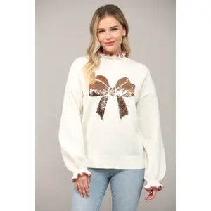 Sequin Bow Ruffled Neck Sweater