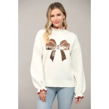 Sequin Bow Ruffled Neck Sweater