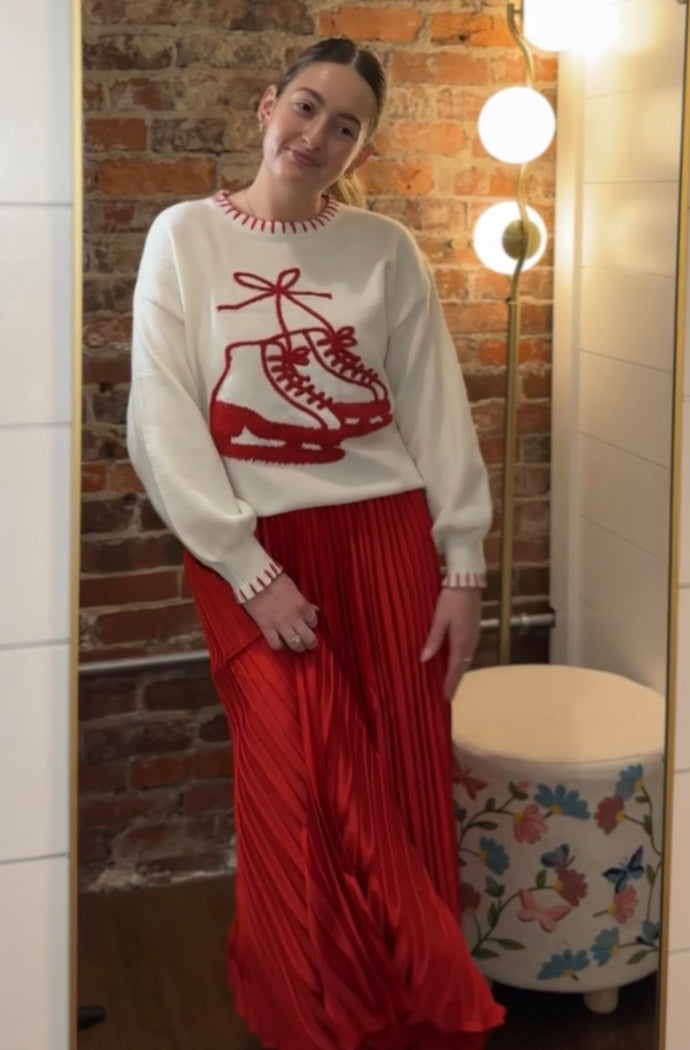 Red Satin High Waist Pleated Long Skirt