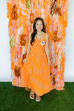 Load image into Gallery viewer, ORANGE STRIPED MIDI DRESS WITH SMOCKED BODICE &amp; A-LINE SKIRT
