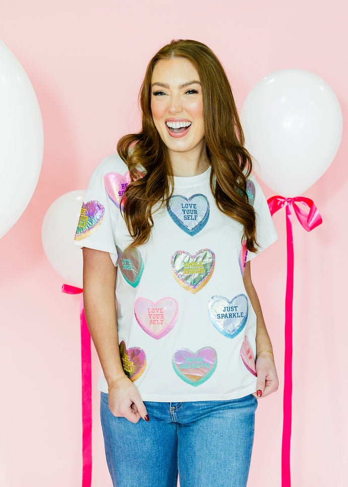 Queen Of Sparkles White Positive Candy Hearts Tee