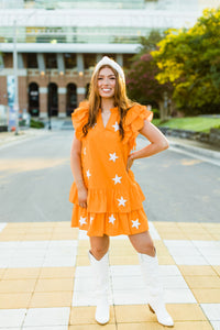Orange Star Ruffle Sleeve Dress