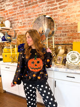 Load image into Gallery viewer, QOS Black Full Sequin Pumpkin &amp; Mini Icon Sweater

