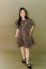 Load image into Gallery viewer, Brown Zebra Collared Mini Dress With Puff Sleeves
