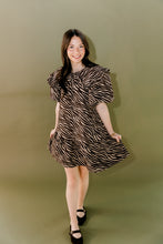 Load image into Gallery viewer, Brown Zebra Collared Mini Dress With Puff Sleeves
