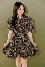 Load image into Gallery viewer, Brown Zebra Collared Mini Dress With Puff Sleeves
