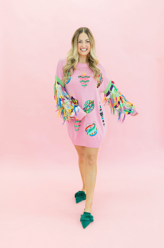 Queen of Sparkles Pink Multi Jeweled Ornament Fringe Sleeve Sweater Dress