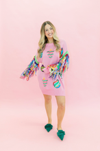 Load image into Gallery viewer, Queen of Sparkles Pink Multi Jeweled Ornament Fringe Sleeve Sweater Dress
