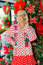 Load image into Gallery viewer, Queen of Sparkles Red &amp; White Polka Dot Metallic Nutcracker Button Up Cotton Dress

