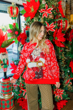 Load image into Gallery viewer, Queen of Sparkles Red &amp; White Paisley Print Cowboy Santa Sweater
