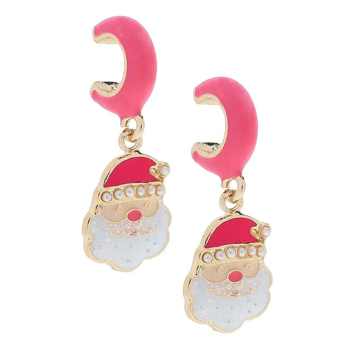 Pearl Studded Santa Face Huggie Hoop Earrings in Pink