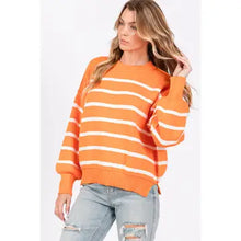 Load image into Gallery viewer, Orange w/ white stripe Round Neck Sweater
