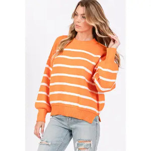 Orange w/ white stripe Round Neck Sweater