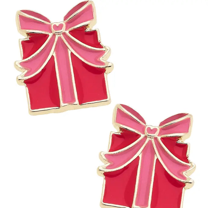 Gift Wrapped Enamel Stud Earrings in Red & Pink