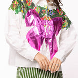 Queen of Sparkles White Multi Metallic Wreath Cotton Button Up Top